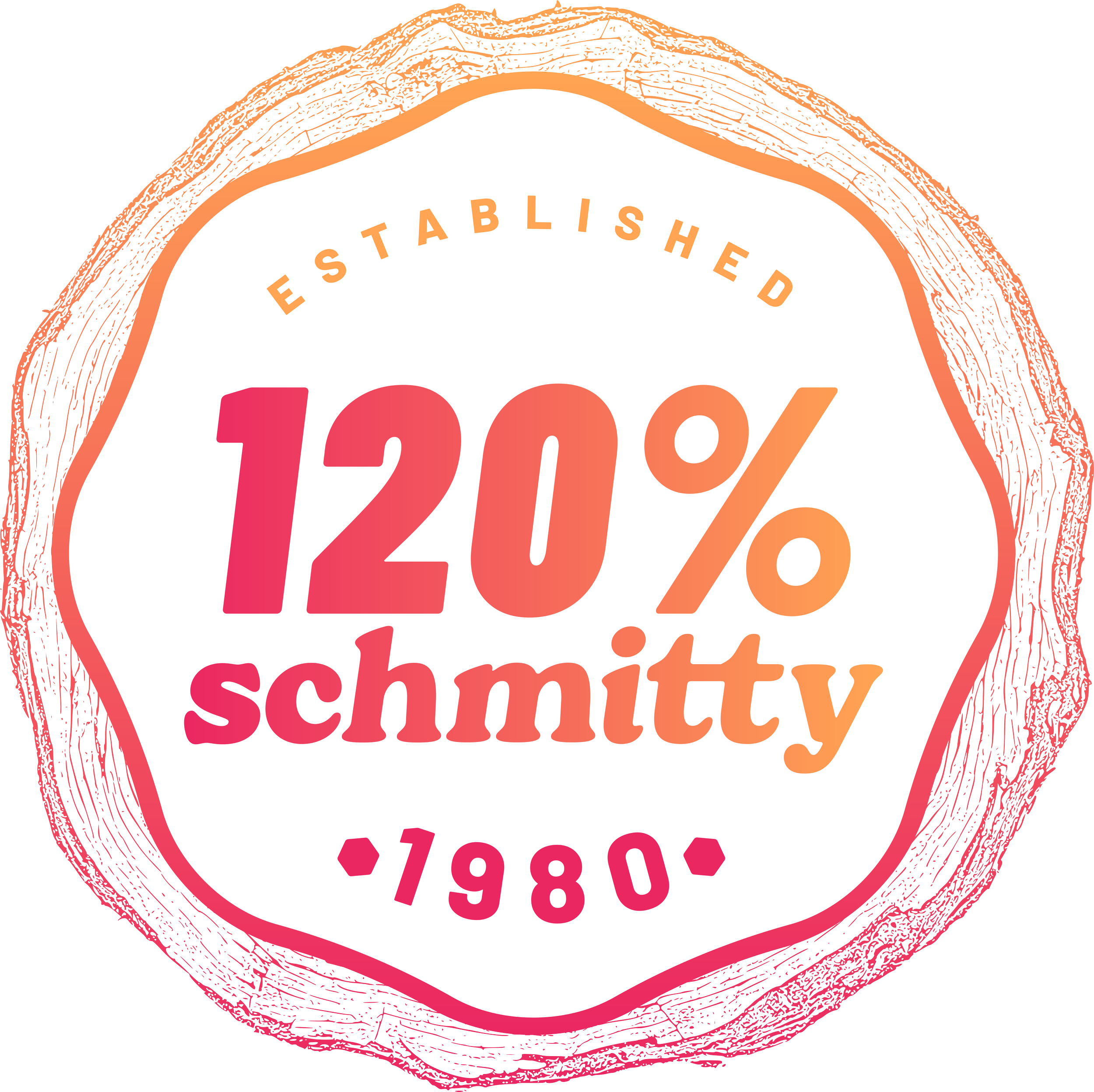 Close-up of a round sticker or badge with a black, brown, and pink textured border. The text on the sticker reads "ESTABLISHED" at the top, and below it in large pink and orange font, it says "120%". At the bottom, the year "1980" is visible.