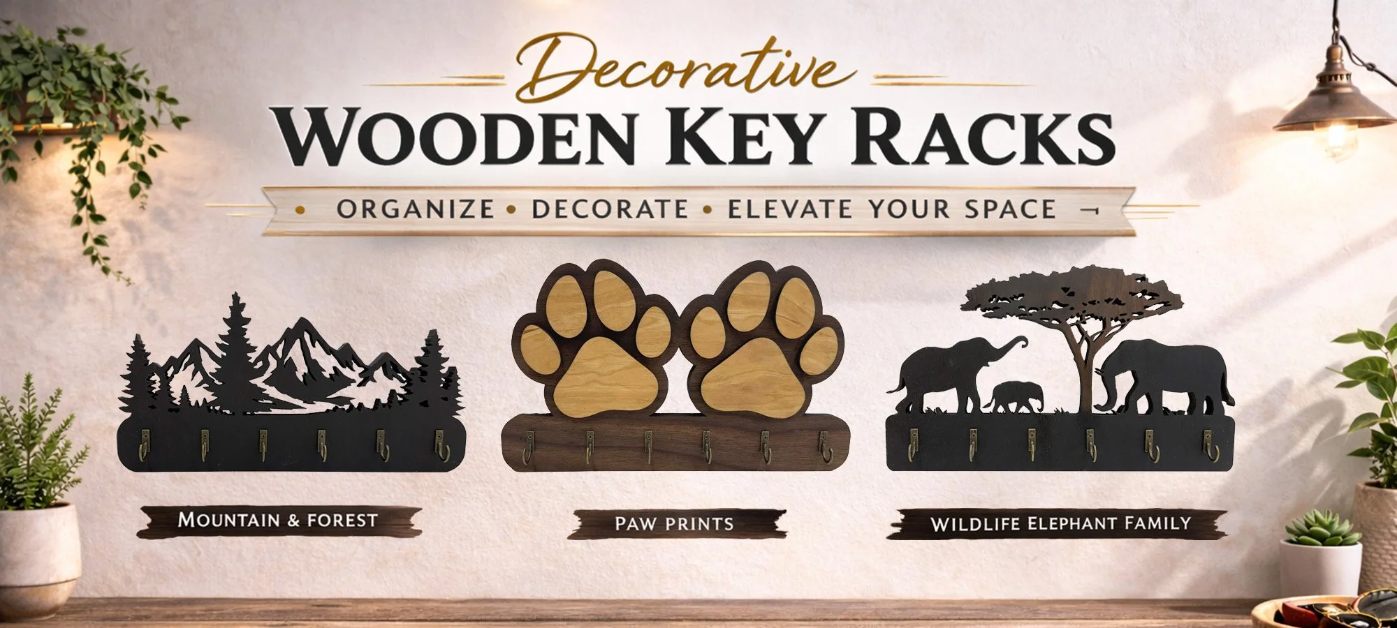 Decorative wooden key racks with mountain and forest, paw prints, and wildlife elephant family designs, arranged on a wall with plants and a lamp nearby.