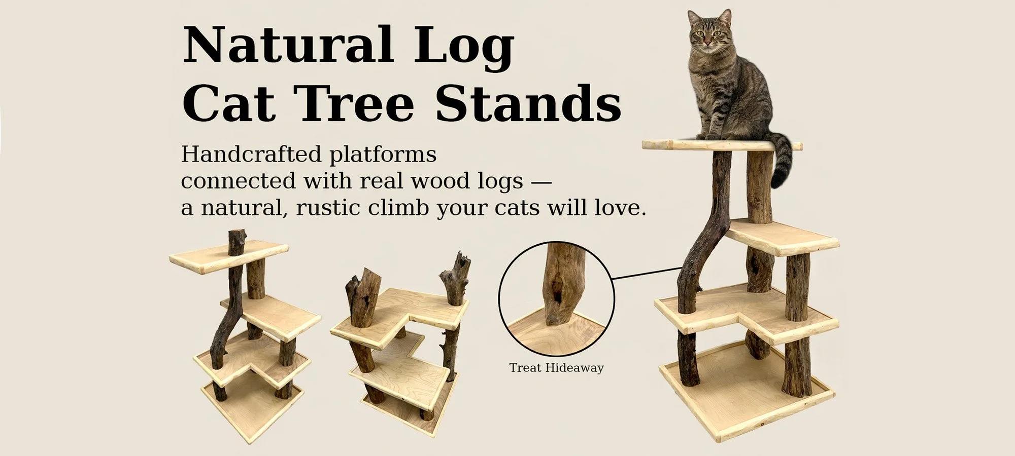 Image of three handcrafted natural log cat tree stands with wooden platforms connected by real wood logs, designed for cats to climb, with an enlarged inset showing a close-up of a log prompt hideaway feature.