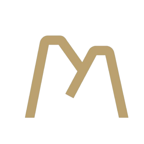Logotipo de color beige con forma de letra M estilizada, sobre un fondo negro.