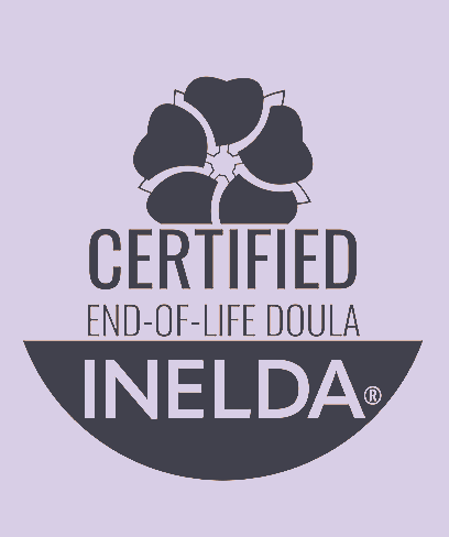 Certified End-of-Life Doula INELDA logo with floral graphic on a purple background.