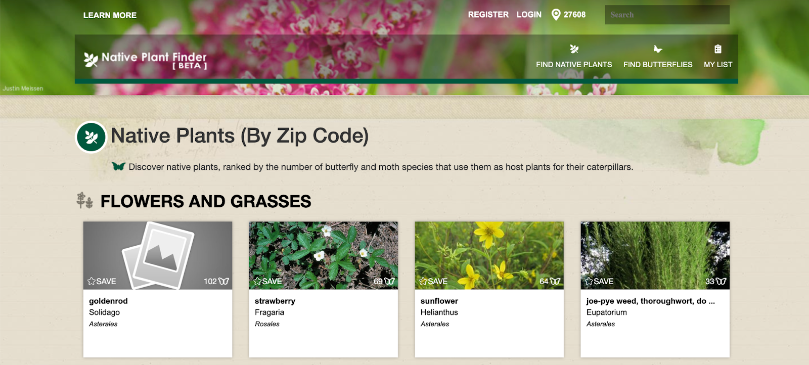 Screenshot of the Native Plant Finder website.