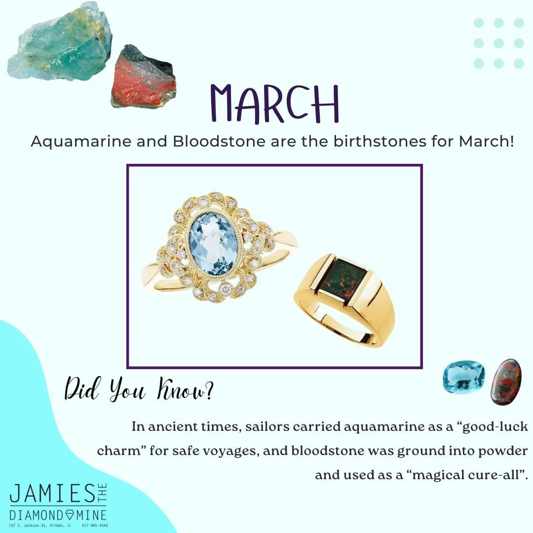 Calm like the sea, strong like stone - March is all about aquamarine and bloodstone✨
-
- If you or someone you know has a birthday this month, feel free to stop on by and get them that perfect gift! #jamiestdm #virdenillinois #March2026 #birthstones 