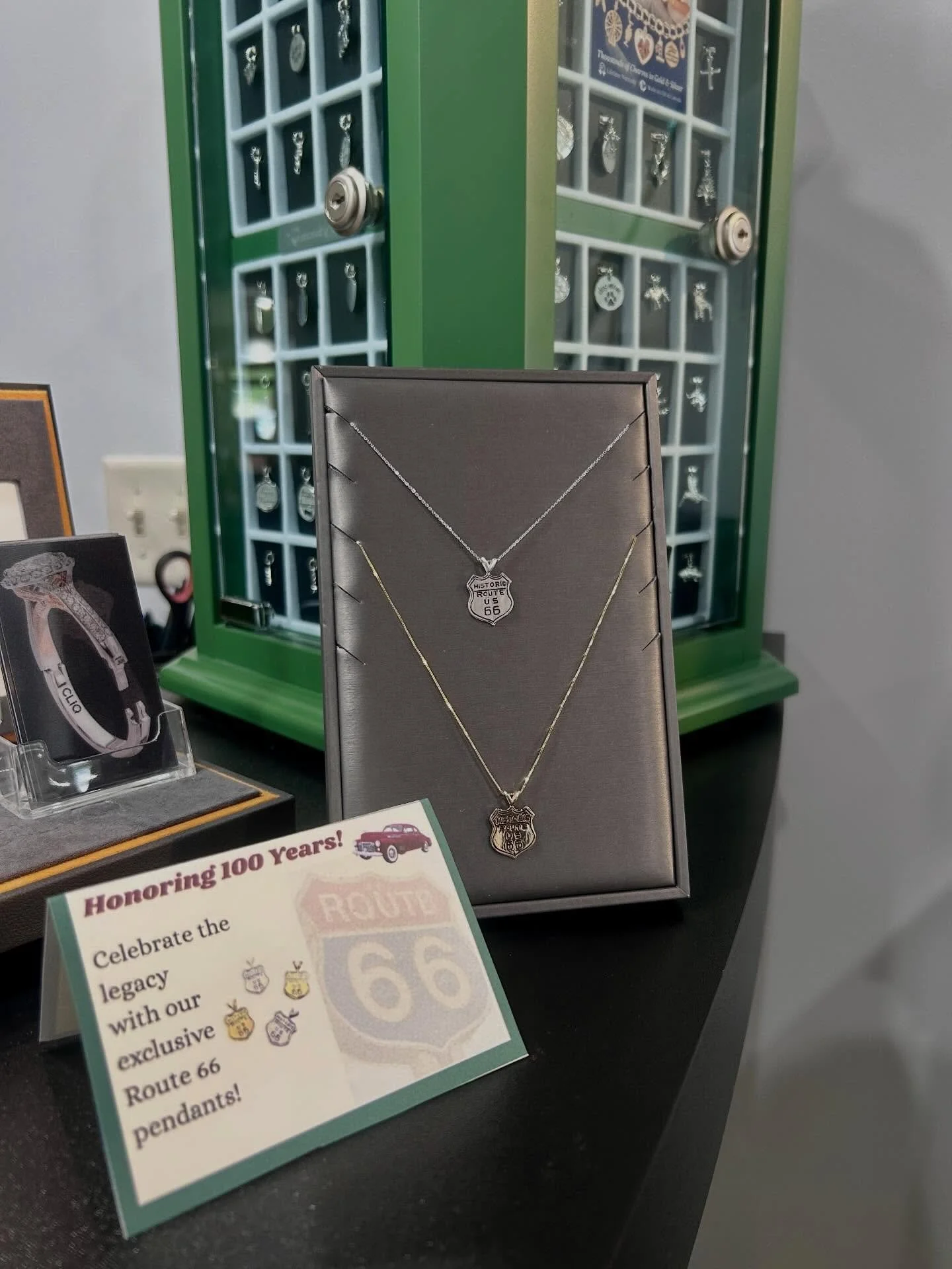 Celebrate 100 years of Route 66 with a piece of history you can wear! These iconic pendants are more than jewelry - they&rsquo;re a journey. 🚗💚 
&bull;
&bull; 
&bull; #jamiestdm #virdenillinois #route66 #smallbusiness #pendant