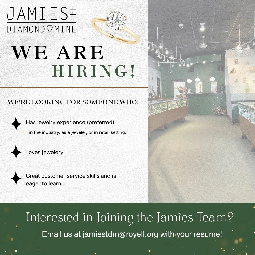 Join the Jamies Team! 💚💍

We're so blessed to be growing! As we continue to grow, we're looking for someone to add to our team who shares our love for jewelry and wants to be apart of something special.

- Jewelry experience is preferred.
- Great c