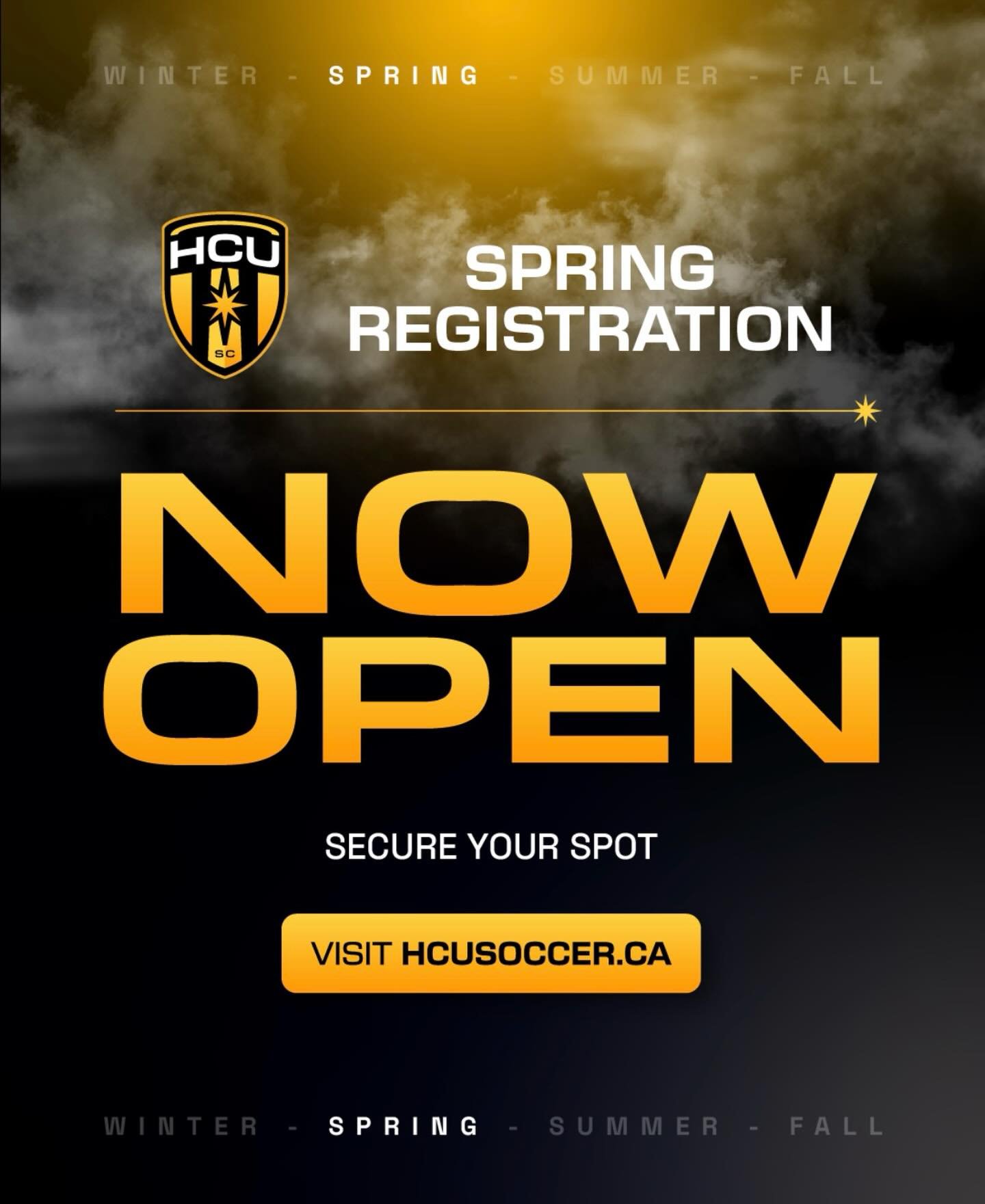 Spring Program Registration NOW OPEN! ⚽️⚫️🟡

Spring program registration is now available for our U3-U11 programs! Register now at www.hcusoccer.ca 

Limited spaces available! Don&rsquo;t wait to register! 
For any questions, please contact registra