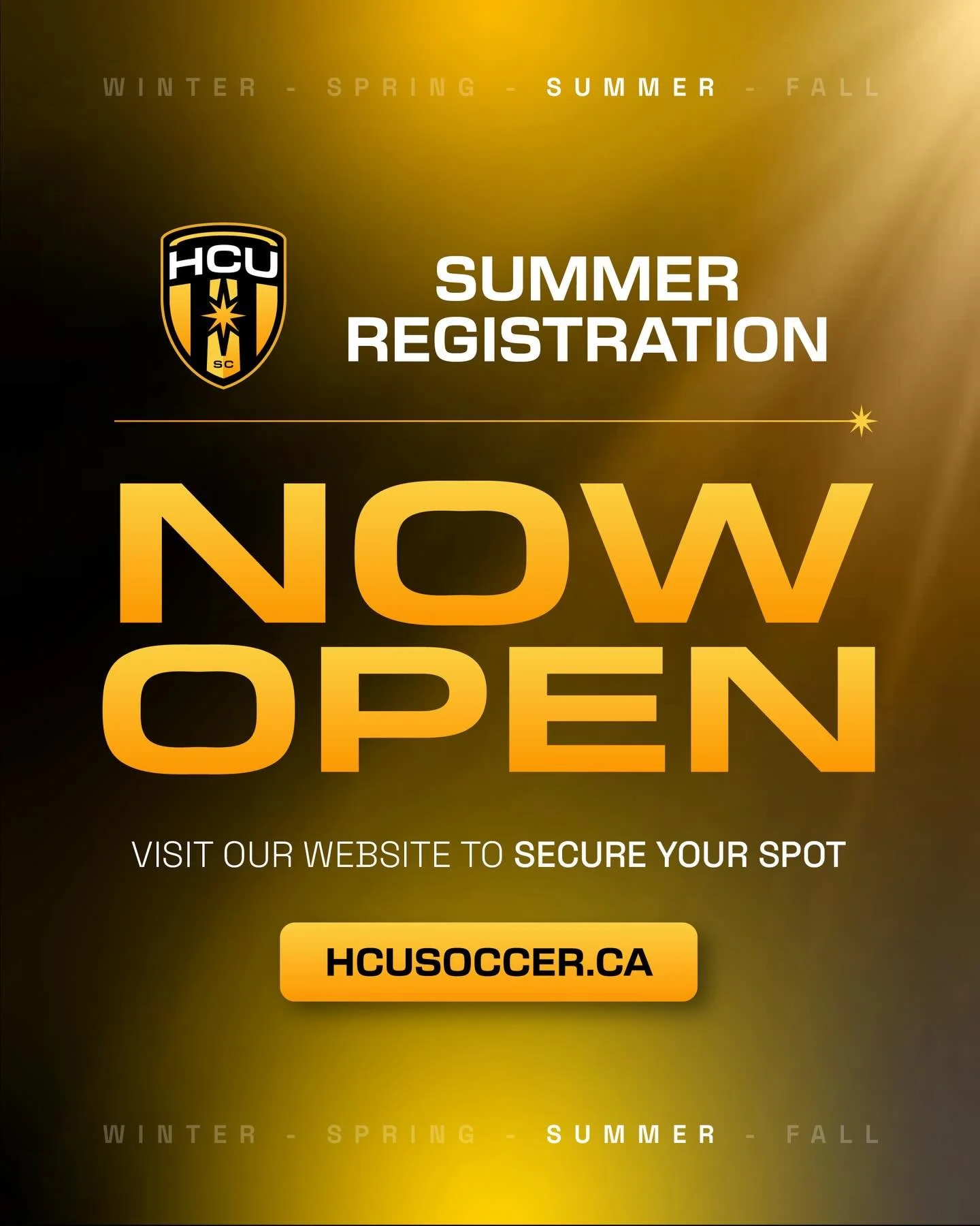 Summer Registration is NOW OPEN! ⚽️🎉👀

Visit HCUsoccer.ca for program descriptions and team formation schedules.

All ages and levels available! 🟡⚫️

If you have any questions please contact registrar@hcusoccer.ca.