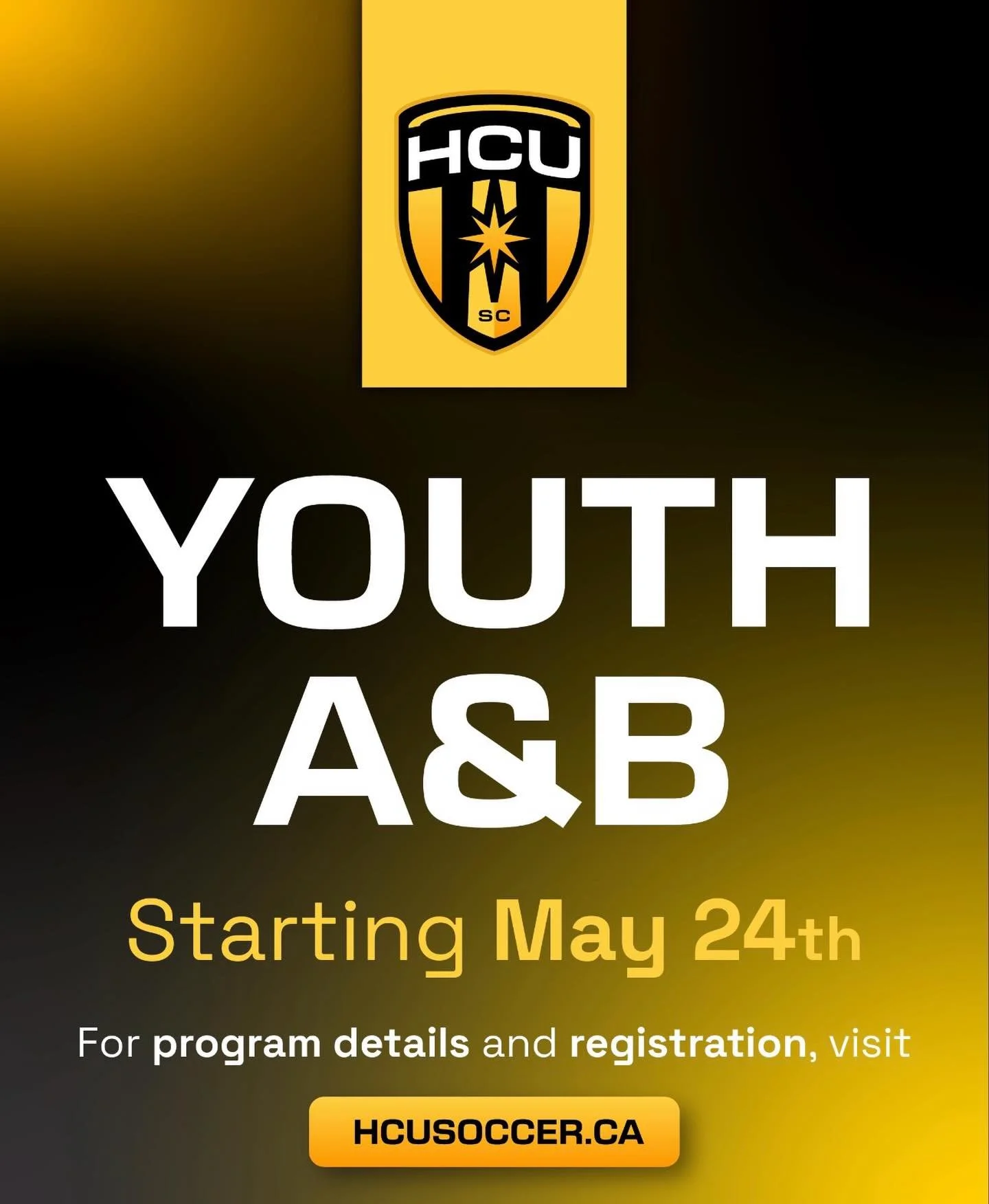 Youth A and B programs are filling fast for the Summer 2026 season! Get in on the summer fun! ⚽️⚫️🟡

Register by April 15th to guarantee your spot in our A/B program! 

Visit www.hcusoccer.ca for additional details and to register!
