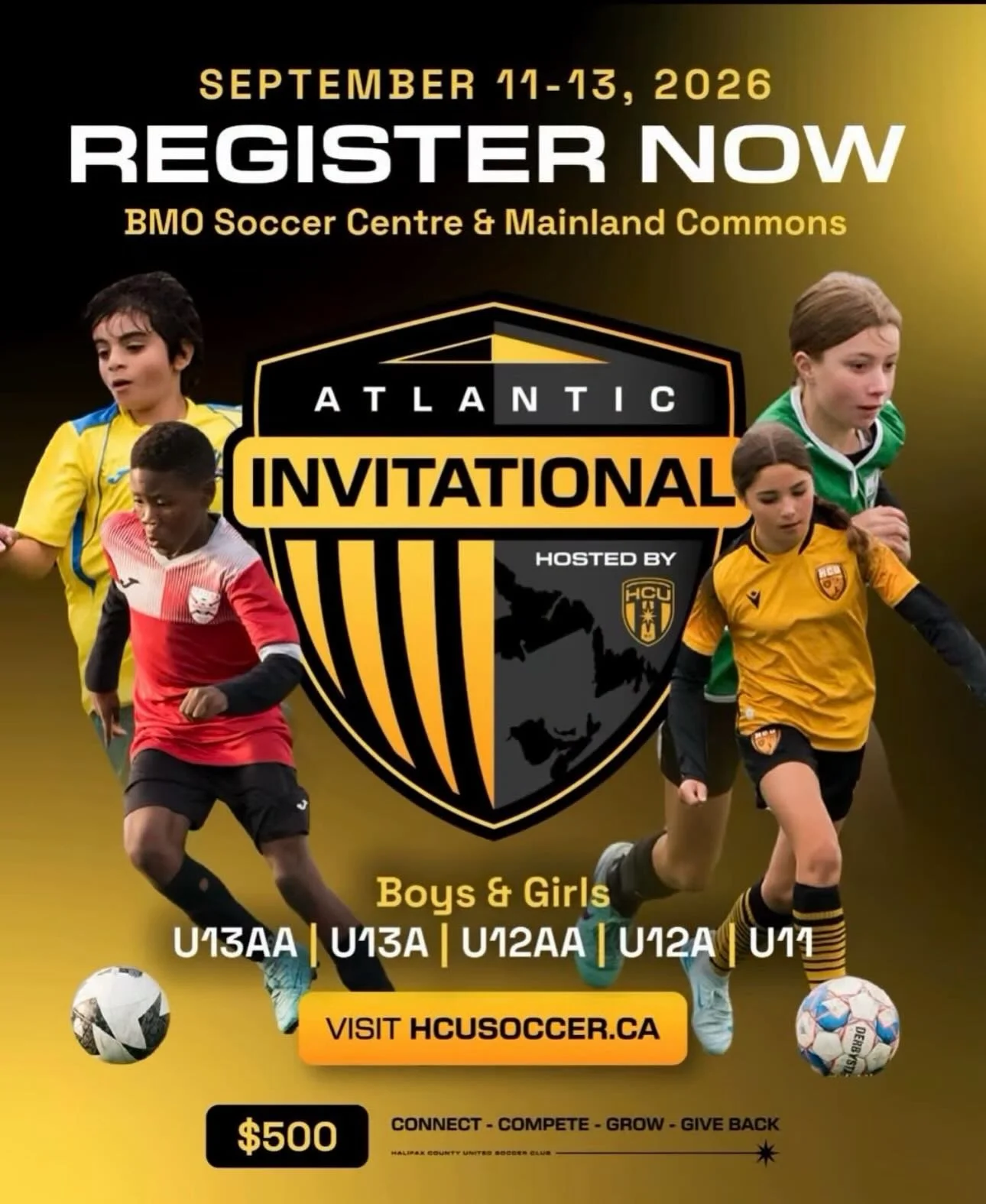 Halifax County United Atlantic Invitational
September 11&ndash;13, 2026 
Atlantic Canada&rsquo;s Premier Youth Soccer Weekend 

Join teams from across the region for three unforgettable days of elite competition, sportsmanship, and community spirit a