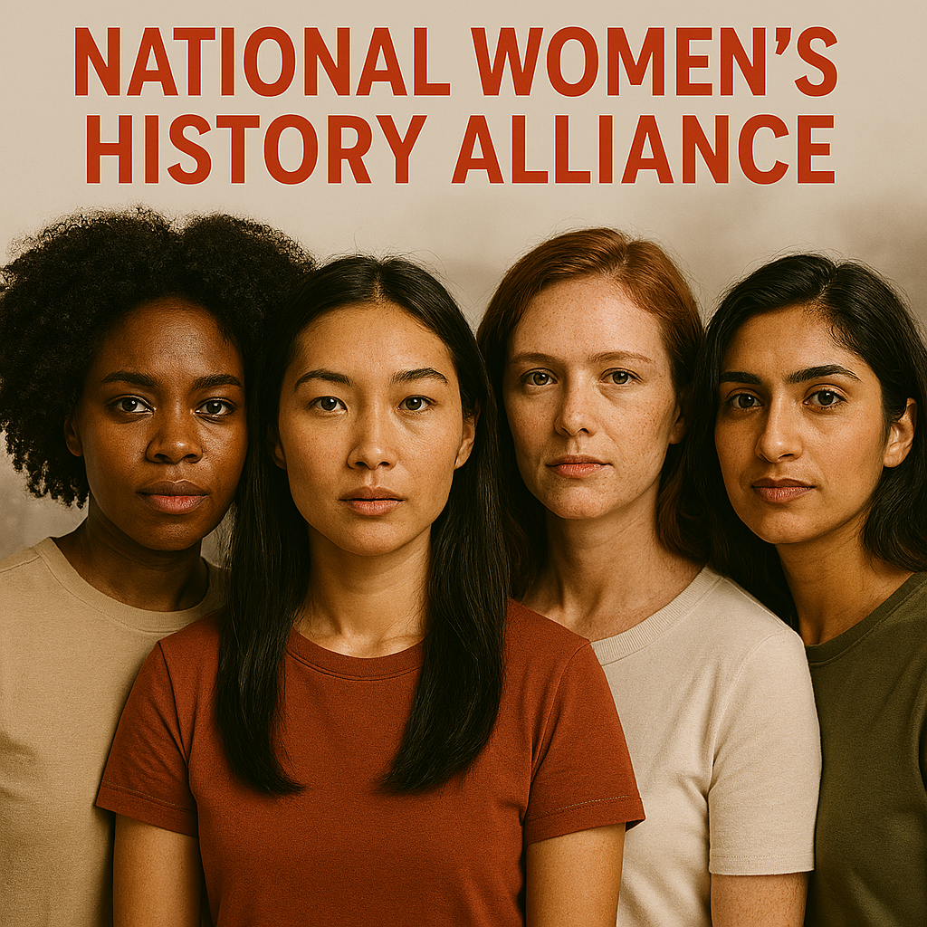 Four women standing in front of a wall with a sign that reads 'National Women's History Alliance'. They are looking at the camera with neutral expressions.