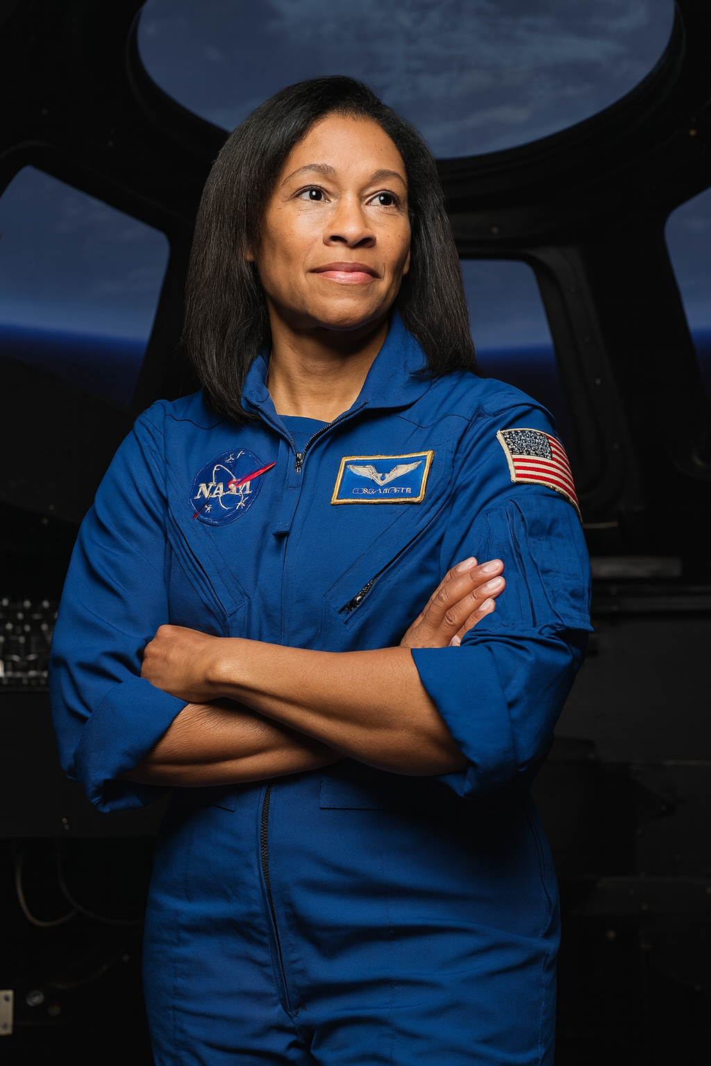 A woman astronaut in a blue NASA jumpsuit standing inside a spacecraft with arms crossed, looking confident and focused.