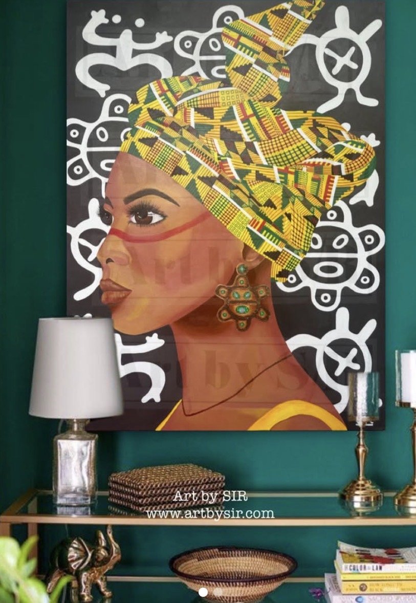 A colorful painting of a woman with African features wearing a patterned headwrap and earrings, set against a black background with white abstract figures.