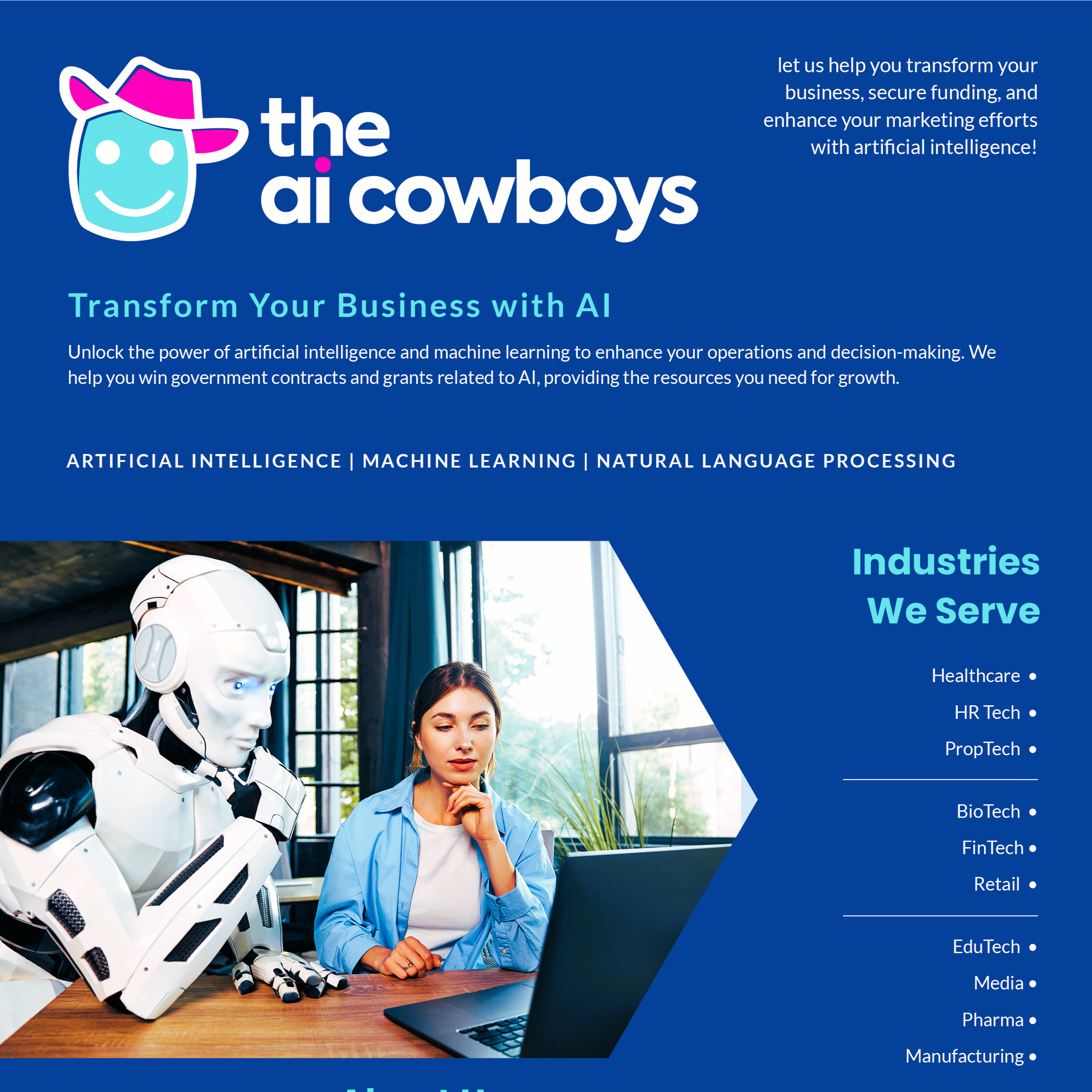 A woman in a blue jacket sitting at a desk working on a laptop with a humanoid robot next to her in a modern office with large windows and plants. The image is part of a graphic promoting AI and machine learning in various industries.