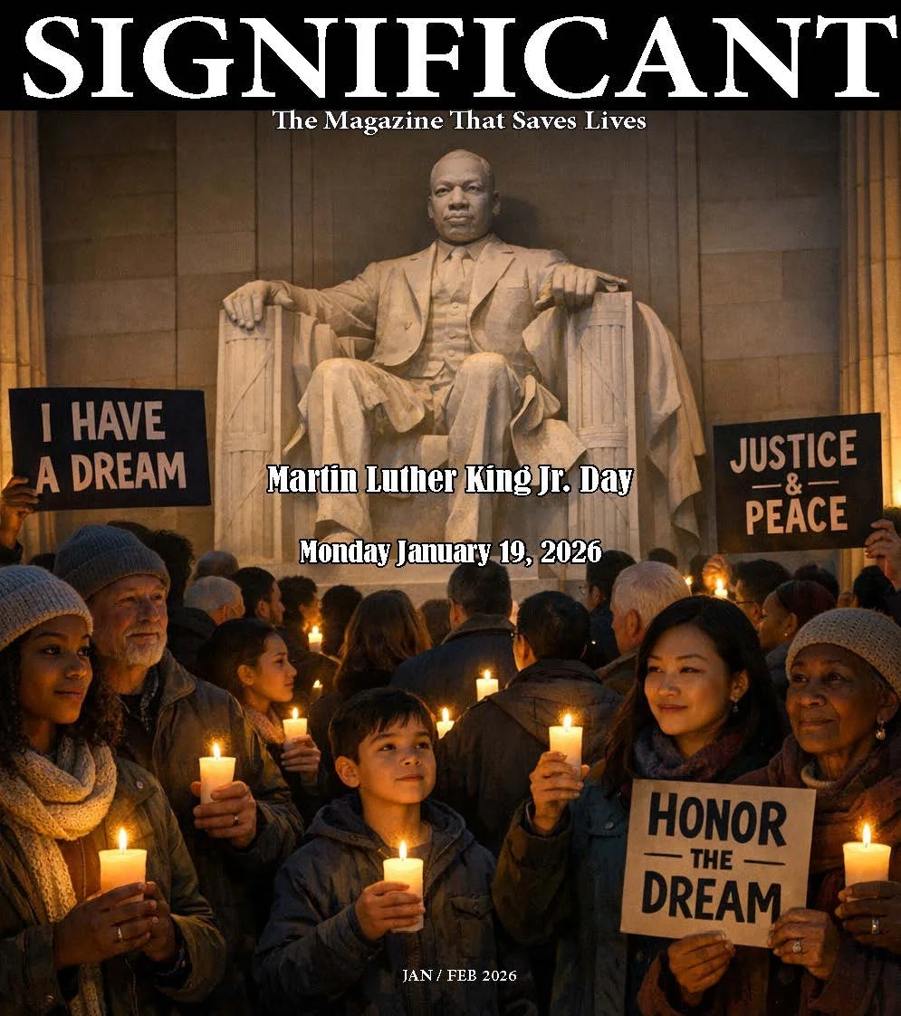 A group of diverse people holding candles in front of the Lincoln Memorial. They are holding signs that read "I HAVE A DREAM," "JUSTICE & PEACE," and "HONOR THE DREAM." The scene commemorates Martin Luther King Jr. Day, with the monument in the background.