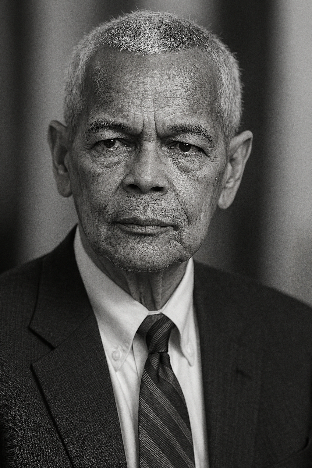 Black and white portrait of an elderly man with short gray hair, wearing a suit, white shirt, and striped tie, looking serious.