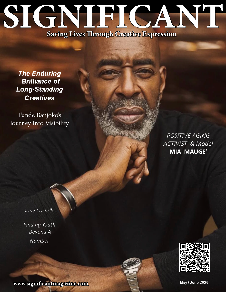 Close-up of a middle-aged black man with a beard, resting his chin on his hand, wearing a black shirt and wristwatch, with a blurred background. Magazine cover titled 'Significant' with text about creatives, visibility, aging, and youth.
