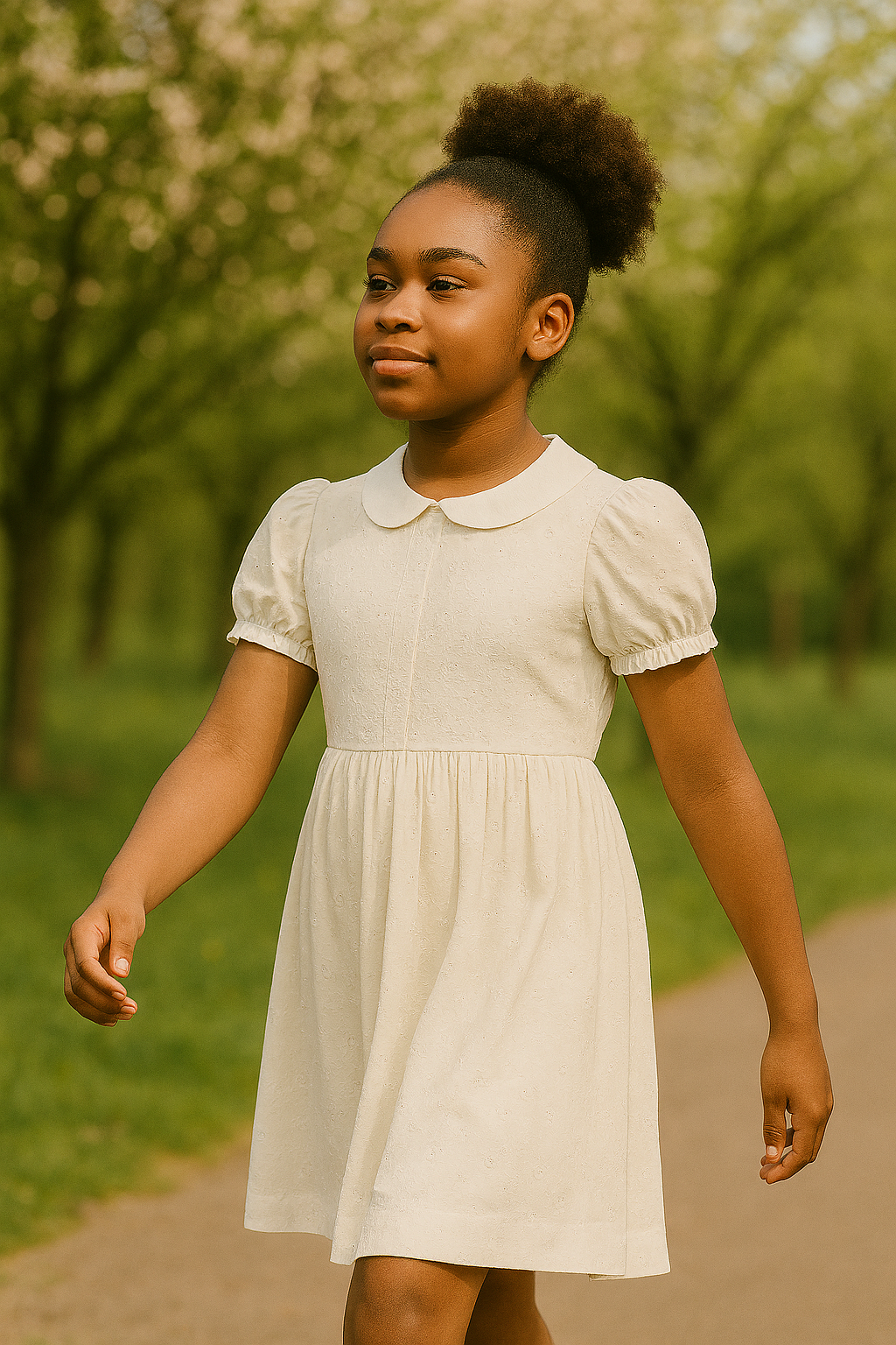 Young girl walking outdoors on a path, wearing a light-colored dress with puffed sleeves, surrounded by green trees.