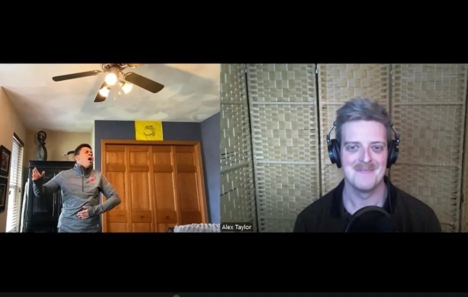 A video call screenshot with two men, one on the left singing with a hand gesture and the other on the right wearing headphones in a soundproof room, with a name tag saying 'Alex Taylor'.
