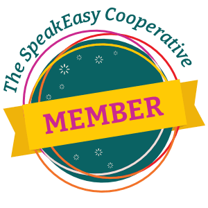 The SpeakEasy Cooperative member badge with a colorful circular design and stars.