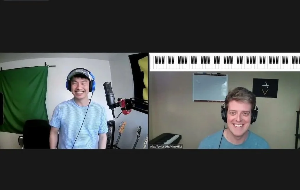 Two men in a video call, both wearing headphones and smiling. The left man is in a room with a green screen and musical equipment, the right man is in a room with a keyboard and a music-themed border at the top of his background.