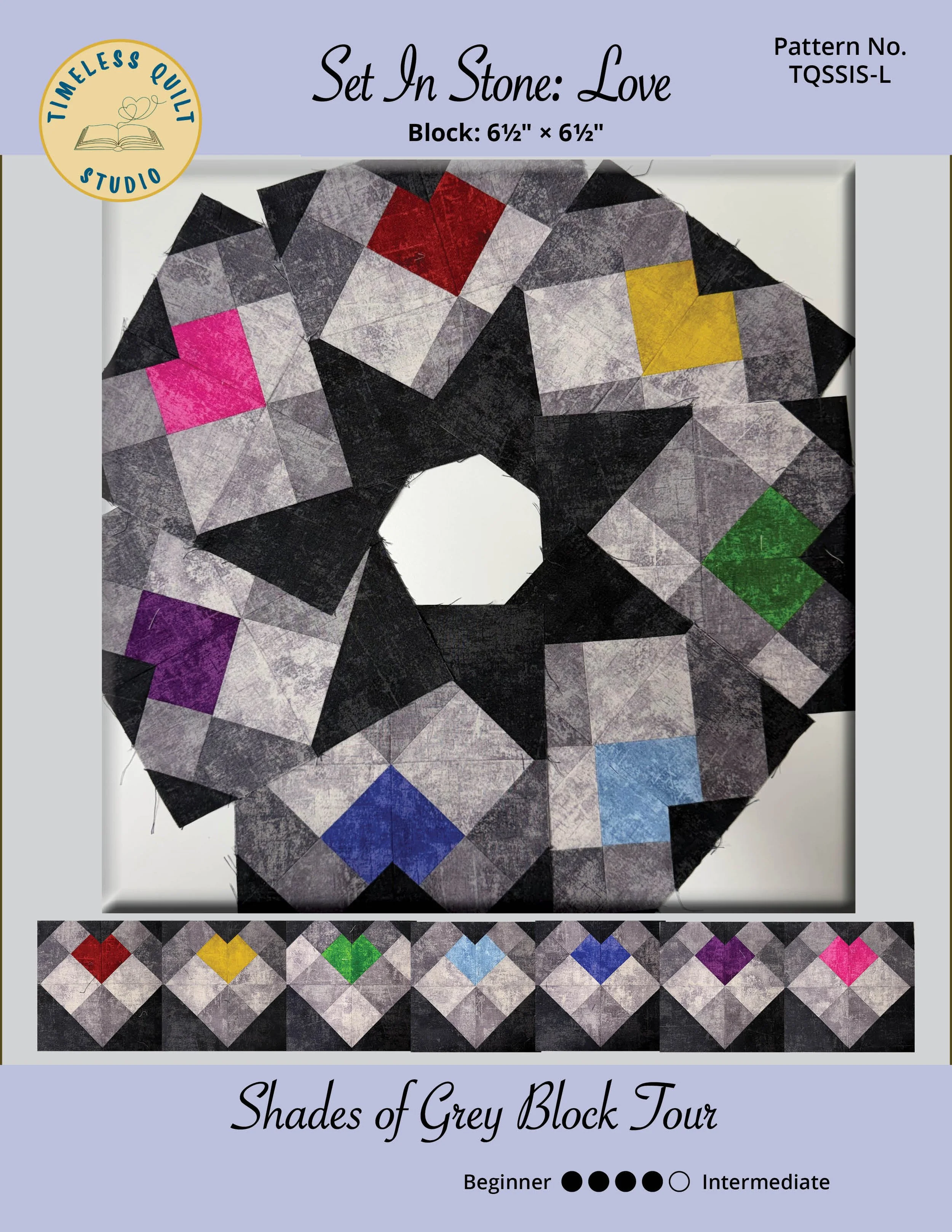 Seven different heart blocks in Red, Yellow, Green, Blue, Indigo, Violet, and Pink are arranged in a circle. Each block features a heart in a heart design that creates a stone setting for a pop of colour mini heart.