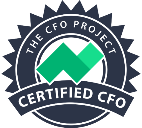 Badge for The CFO Project Certified CFO with a green upward arrow symbol.