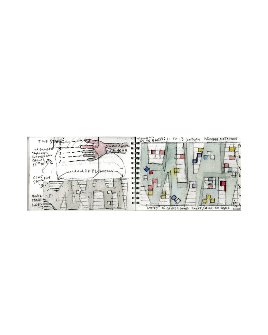 Sketch of architectural design plans, including a hand-drawn diagram, color-coded glass patterns, and handwritten notes.