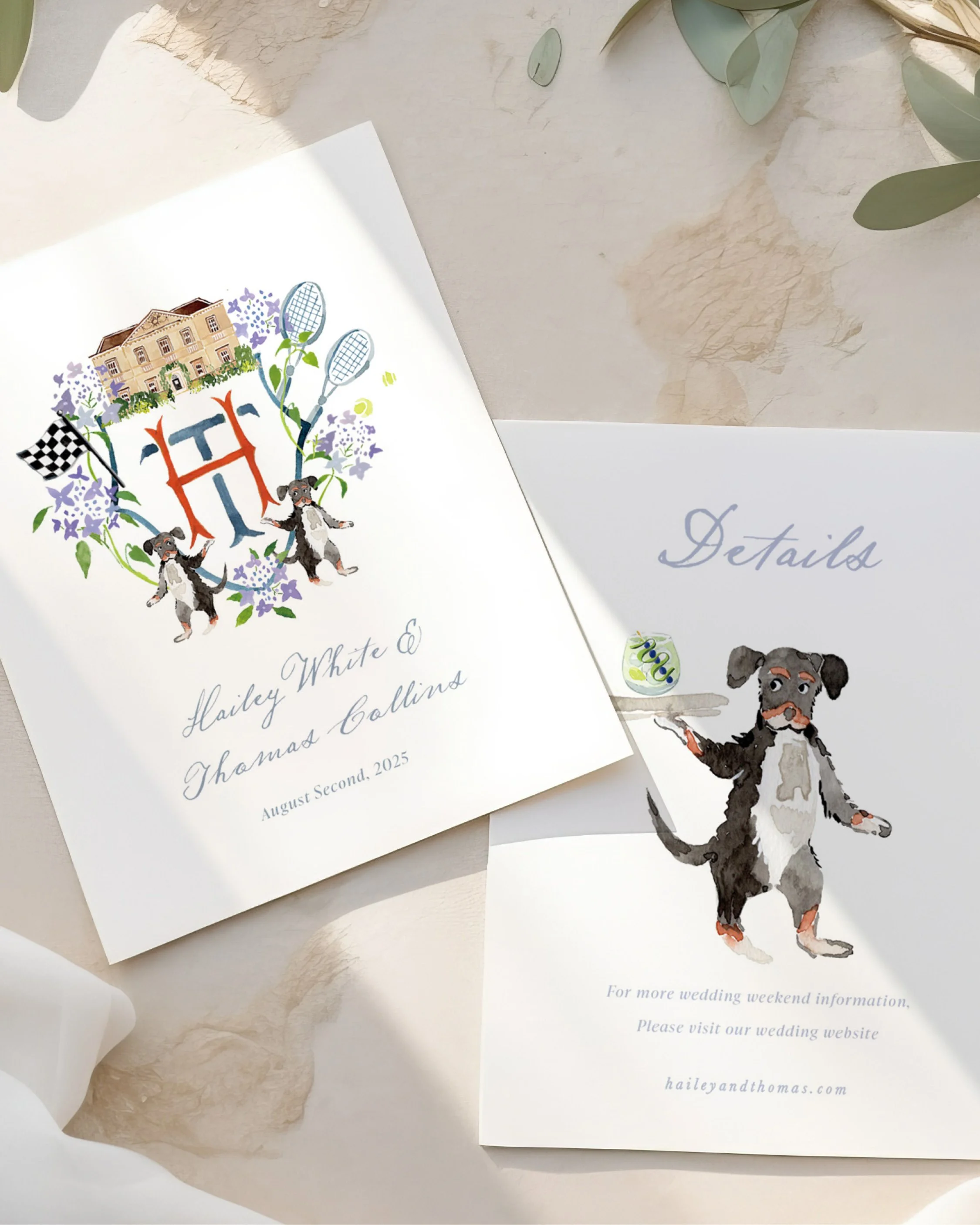 Wedding invitation card featuring illustrations of two dogs, floral elements, a house, and sports equipment, with the names Hailey White and Thomas Callins, and the date August second, 2025. Additionally, a separate insert with a dog illustration and