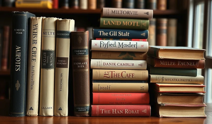 Stacked books on a shelf.