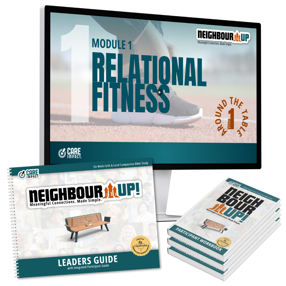 A collection of educational materials including a computer monitor displaying 'Module 1 Relational Fitness,' a workbook titled 'Neighbour Up! Leaders Guide,' and multiple participant workbooks titled 'Neighbour Up!'