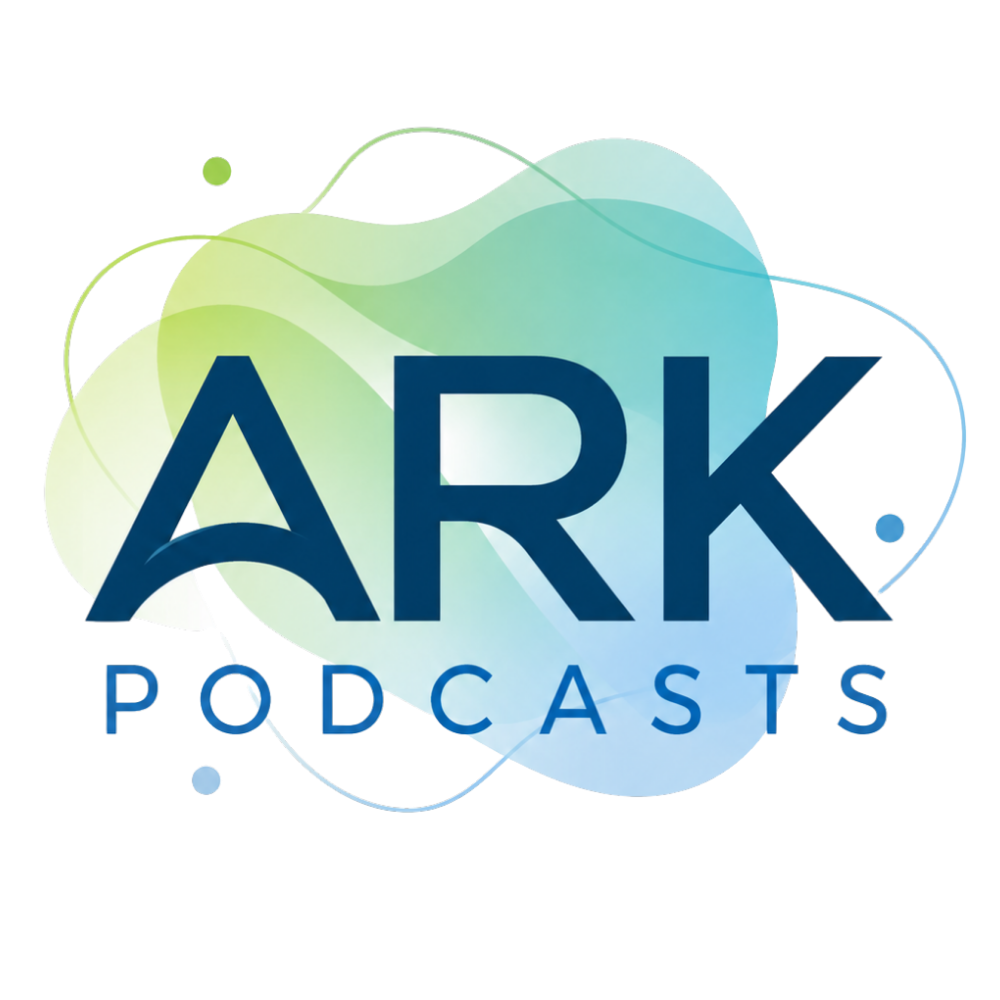 Logo for ARK Podcasts with abstract blue and green shapes and the text 'ARK Podcasts' in dark blue and light blue font.