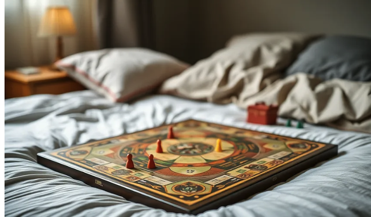 Wooden board game on a bed.
