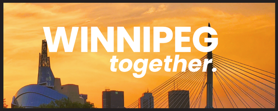 Sunset skyline of Winnipeg with modern buildings and a bridge, overlaid with the text 'WINNIPEG together.'