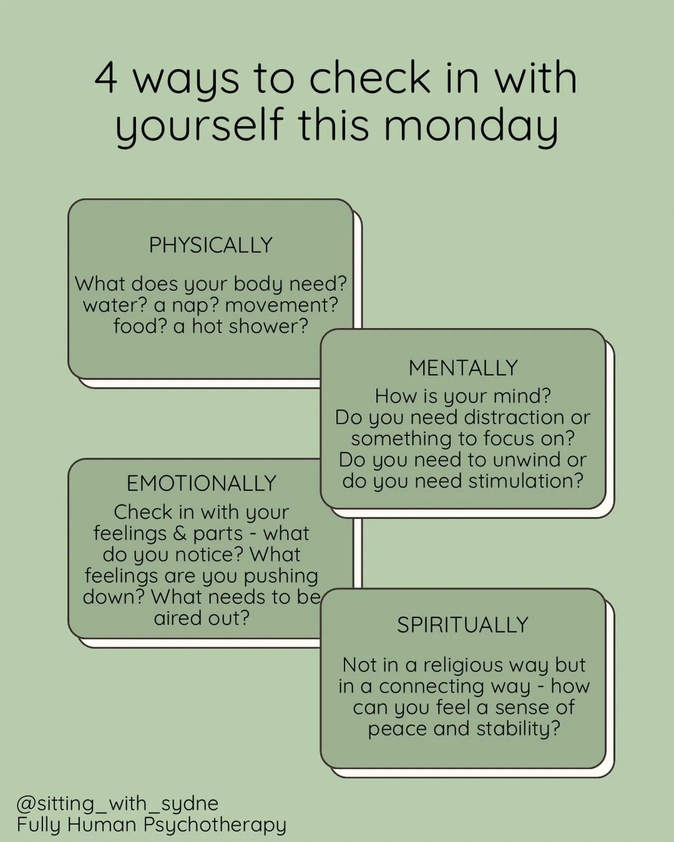 💭💬🗯️

Monday check in:

🎶 talk to your body
🎶 have compassion with your mind 
🎶 open space for your emotions
🎶 connect with the world around you 

&bull;
&bull;
&bull;
&bull;

#mentalhealth #therapy #healing #selfcare #checkin