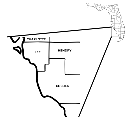 Map of Charlotte, Lee, Hendry, and Collier counties in Florida, showing their borders and location within the state.