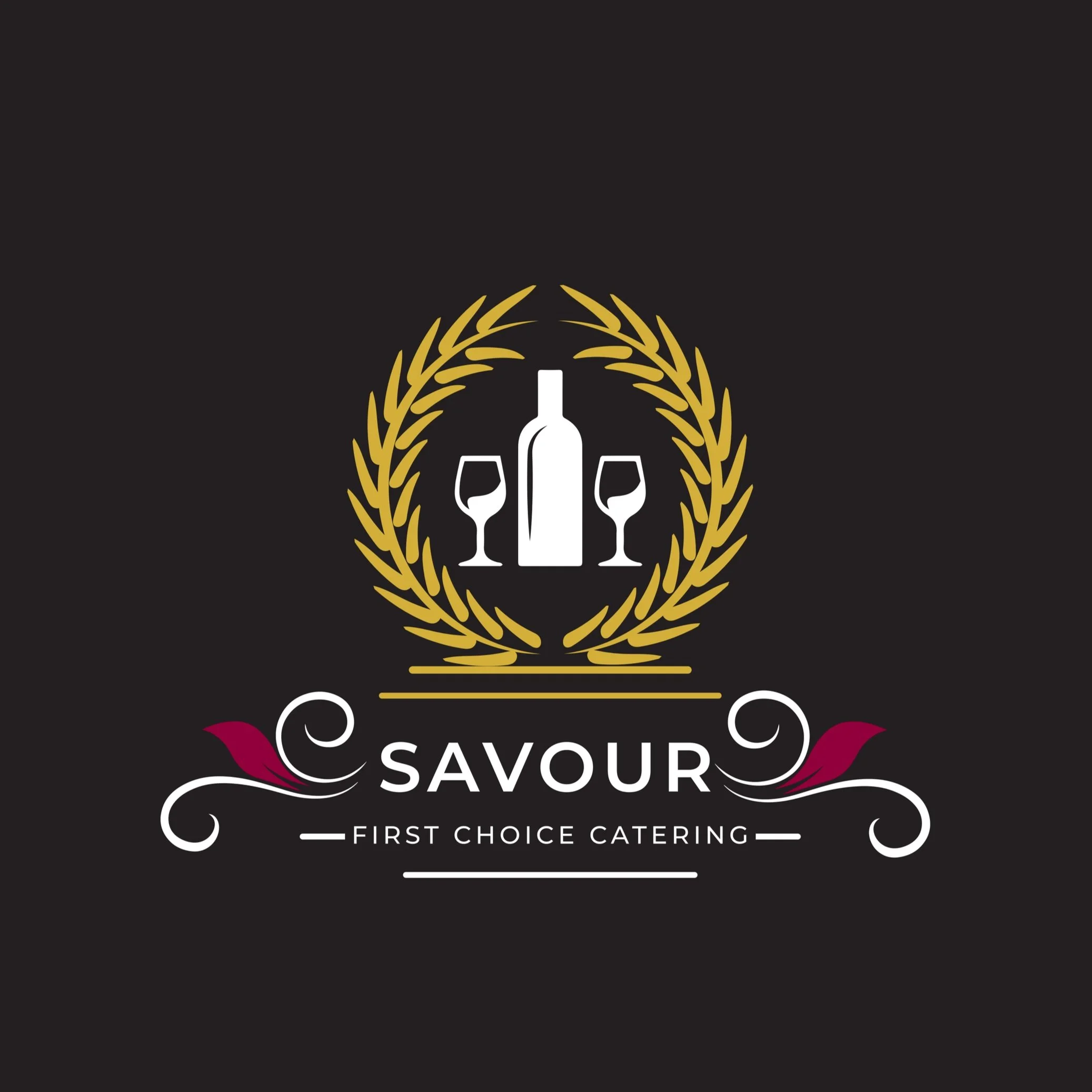 Logo for Saviour catering featuring a wine bottle and two wine glasses encircled by gold laurel leaves with decorative red accents and the words "Saviour" and "First Choice Catering" on a black background.