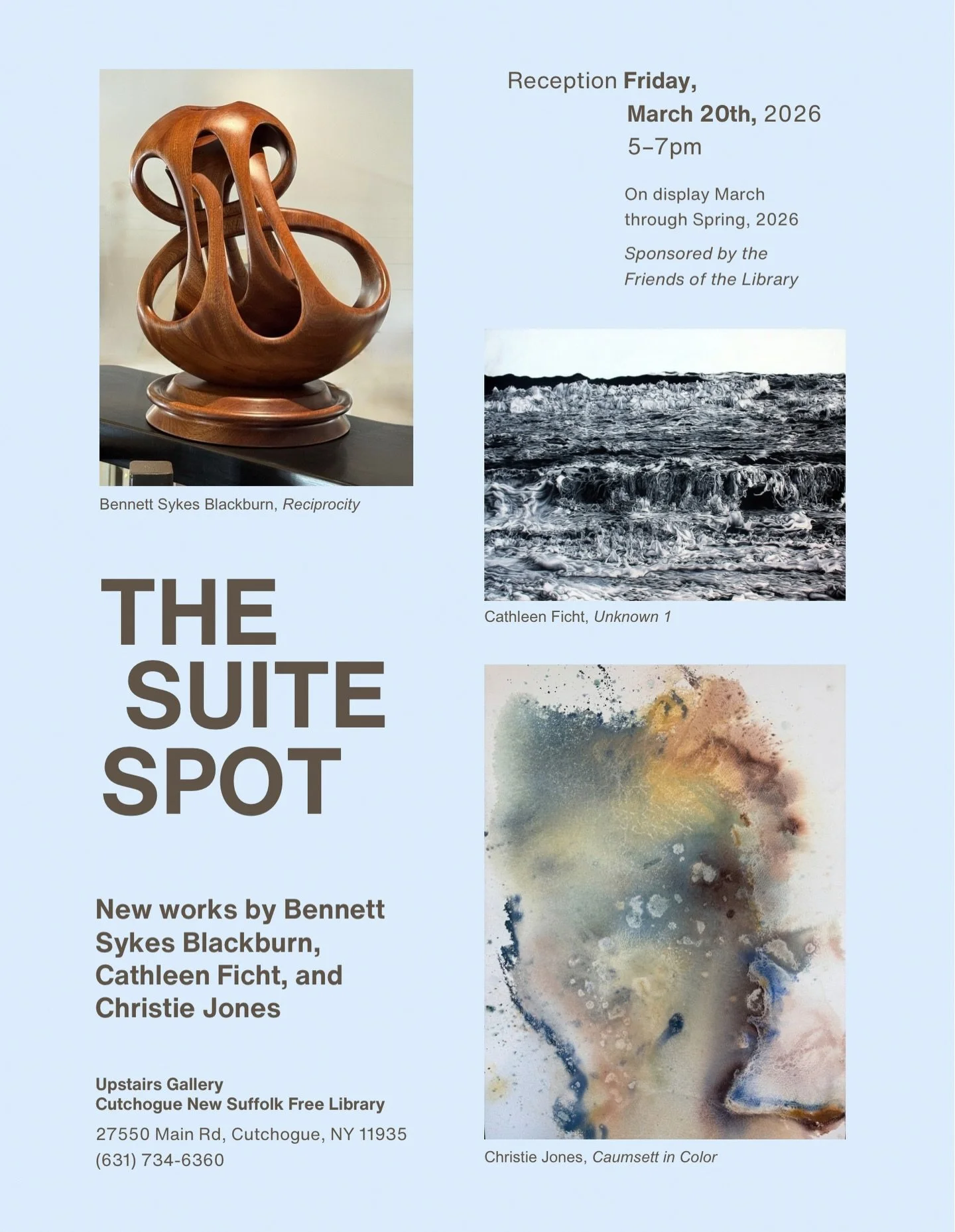 You&rsquo;re invited to The Suite Spot @cnsflibrary 

I&rsquo;m grateful to share my work alongside such talented artists in this thoughtfully curated exhibition by Doris Brautigan &amp; Mary Goldman.

The paintings and sculptures I&rsquo;ll be showi