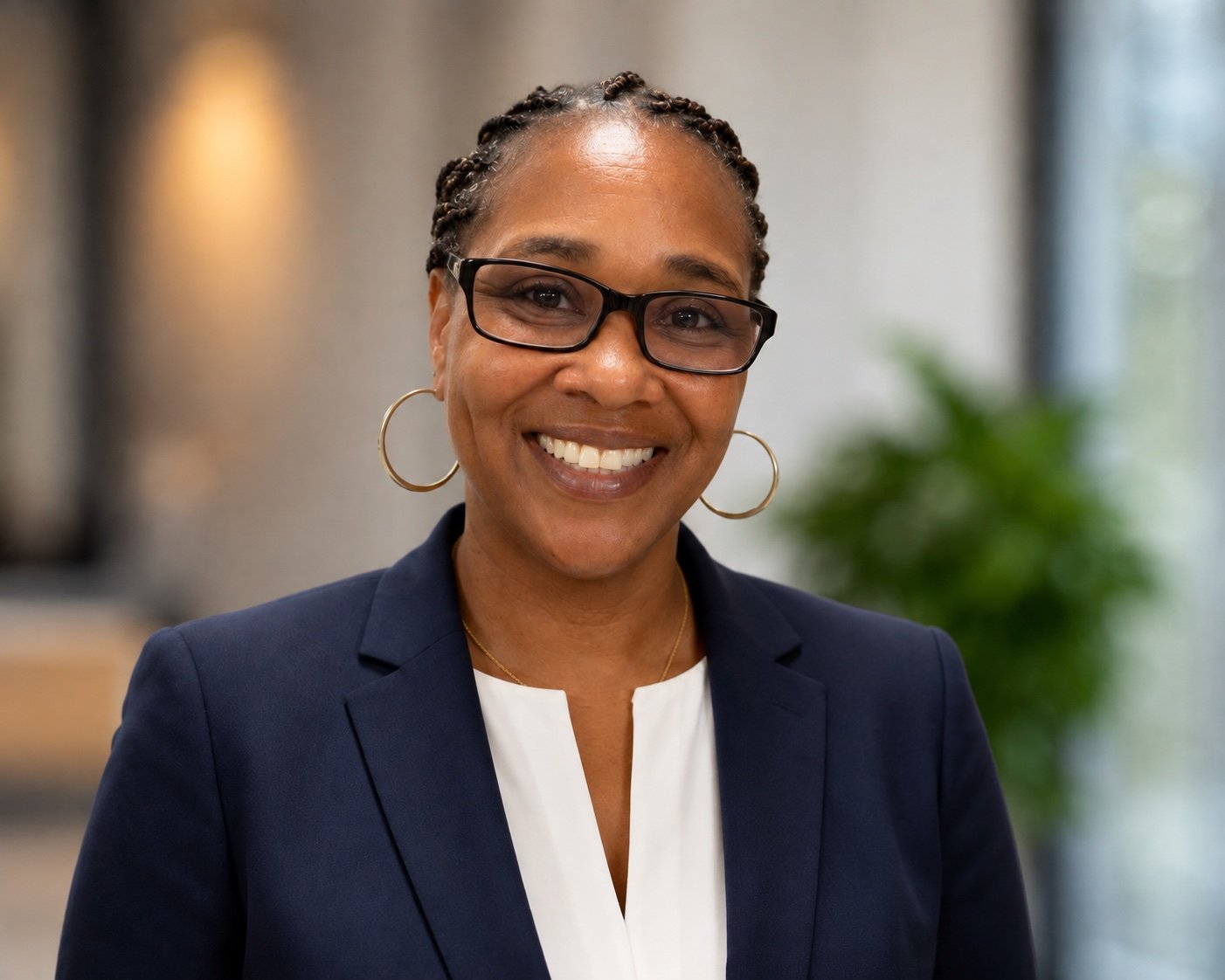 Picture of Vernita Todd, Executive Director of San Diego PACE. Smiling woman with glasses, hoop earrings, wearing a navy blazer and white top, in an indoor setting with blurred background and greenery.