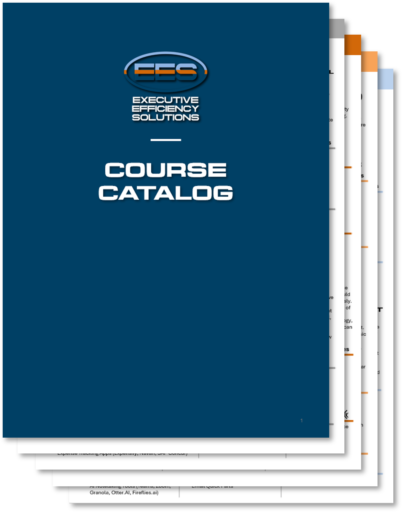 Cover of a course catalog titled 'Executive Efficiency Solutions' with a logo 'EES' on a blue background.