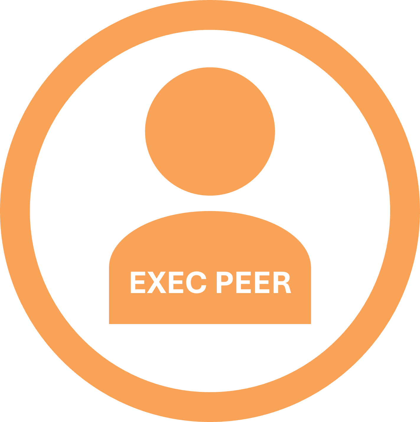 Icon of a person with a circle around the head and shoulders, with the words 'EXEC PEER' at the bottom, all in orange and black colors.