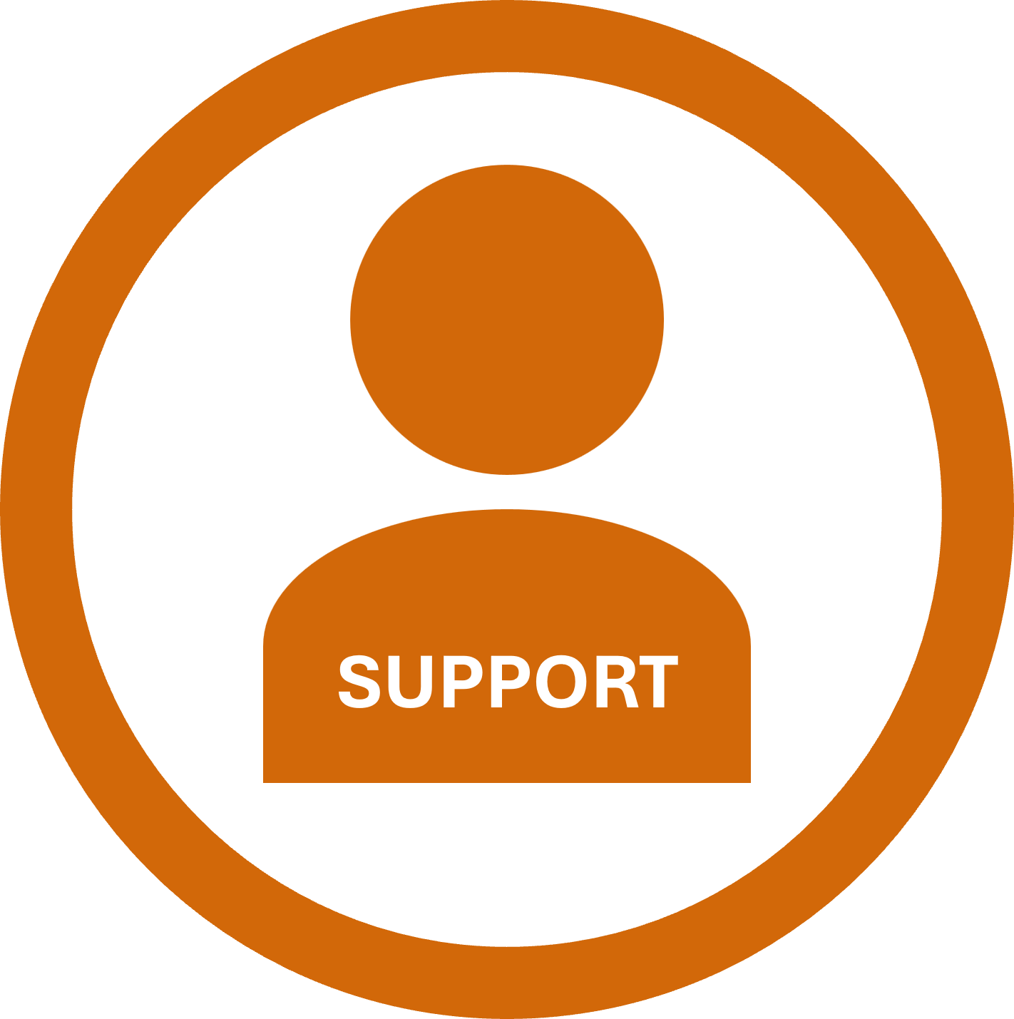 A circular icon with a black background, an orange outline, and a simplified orange person silhouette in the center. The person has a rounded head and a body shape with a rectangular sign in front that has the word 'SUPPORT' written in white capital letters.
