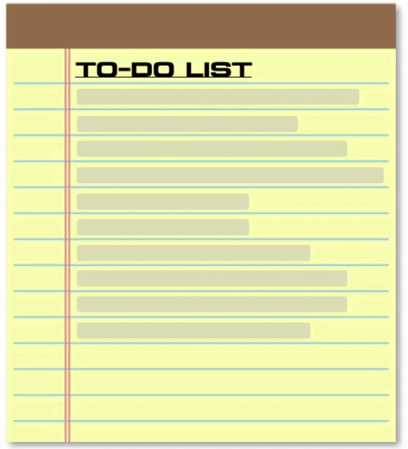 A digital illustration of a yellow lined notepad page with a brown top header. The page contains a to-do list titled 'TO-DO LIST' in bold black text at the top. The list has several items with bullet points, with some lines filled with text, though the text is blurred and unreadable.
