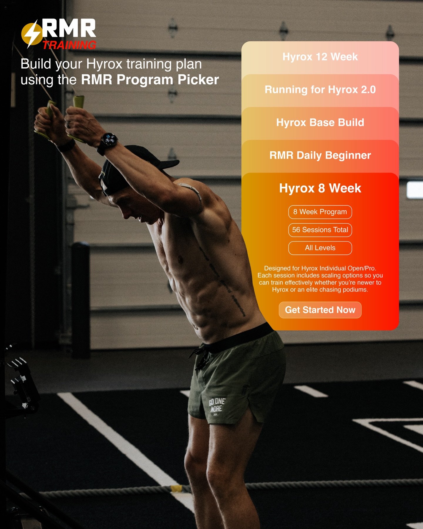 Need help knowing which RMR program is right for you? Build your Hyrox training plan using our Program Picker ⚡️

At RMR, there is space for everyone. No matter your age, experience or goals.

We have plenty of plans, depending on what you need. Whet