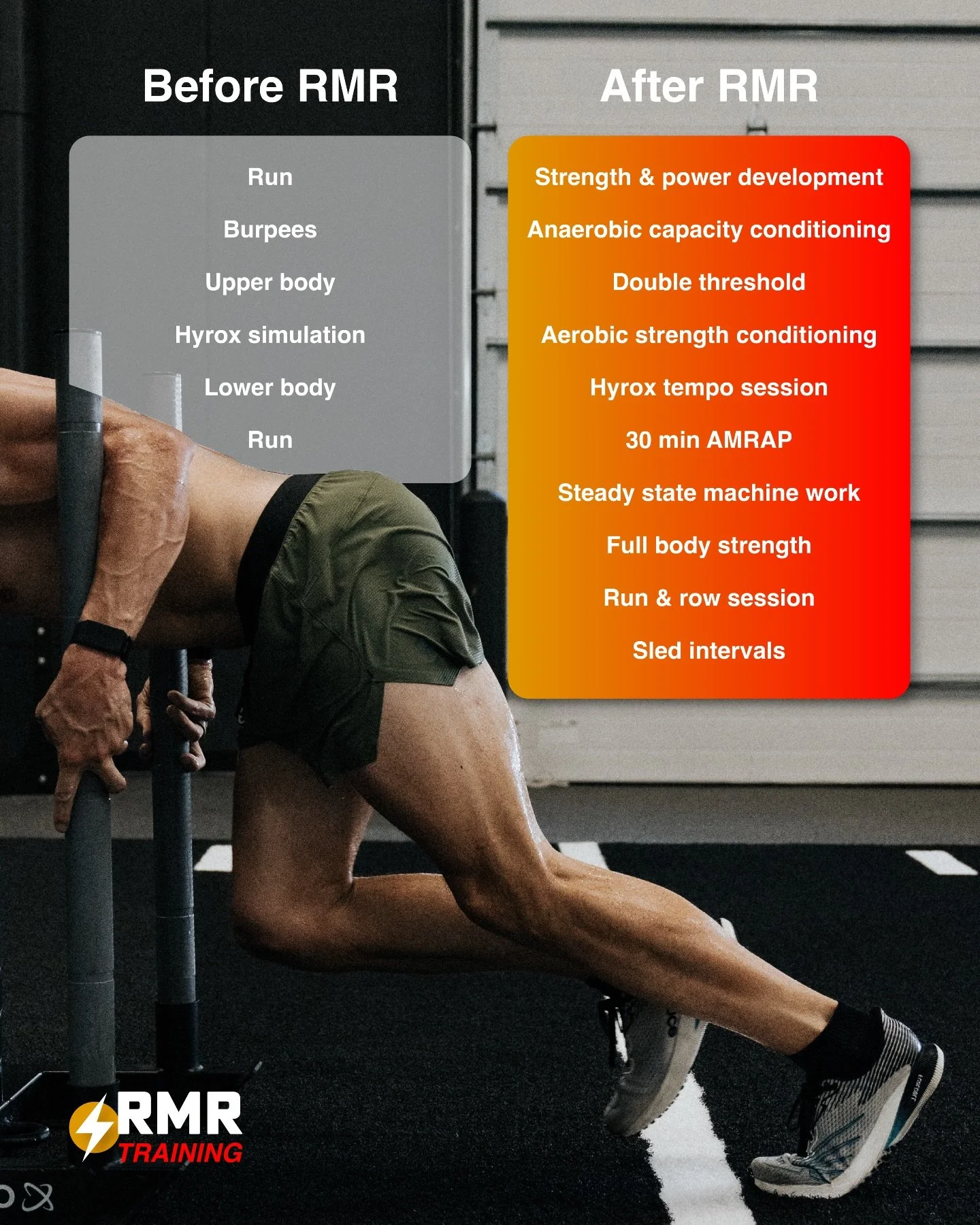 Training for a Hyrox and craving some structure?

We have plenty of plans, depending on what you need. Whether you&rsquo;re training for your first Hyrox, chasing a PB, or just want some routine, RMR has it all. 

If you want to check out some of our