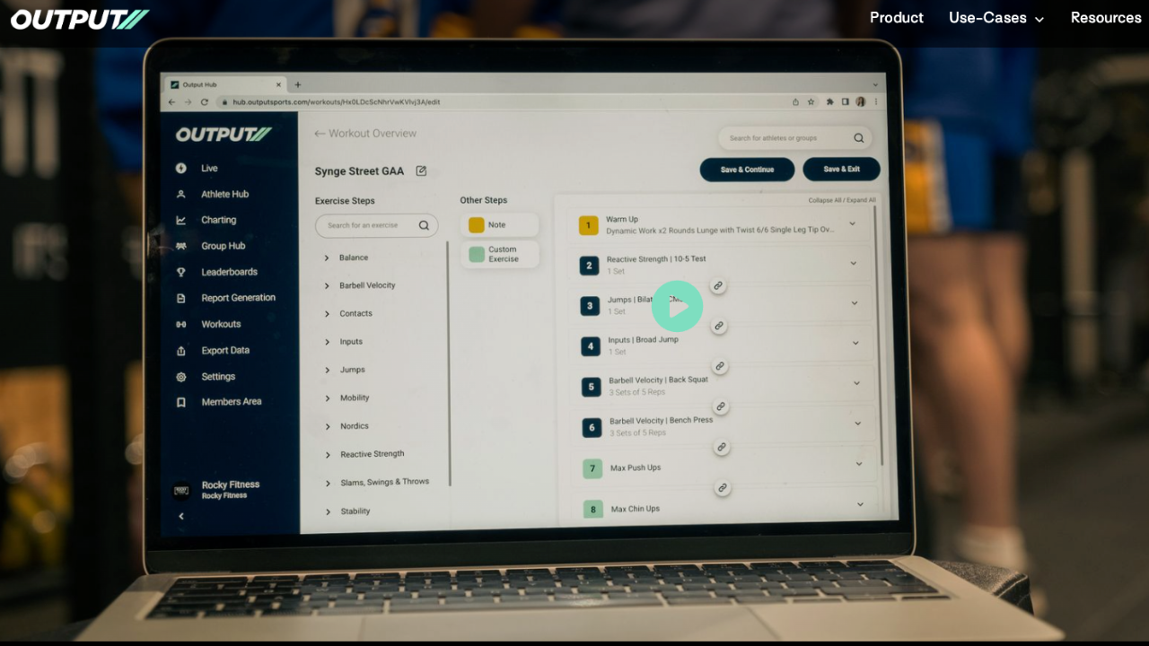 Laptop displaying a fitness workout planning application called Output Hub with exercises listed for workout routine.
