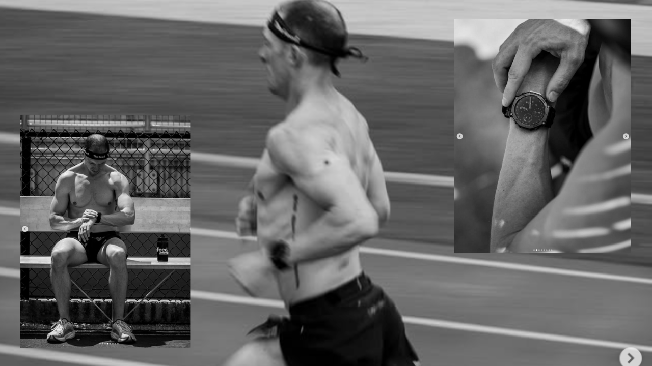 A shirtless male runner running on a track, wearing a watch and a headband, with two inset images of him resting and checking his watch.