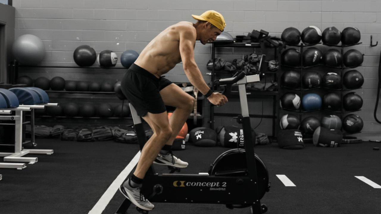 A man wearing a yellow cap and black shorts riding an exercise bike in a gym with grey walls and various black and blue gym equipment.