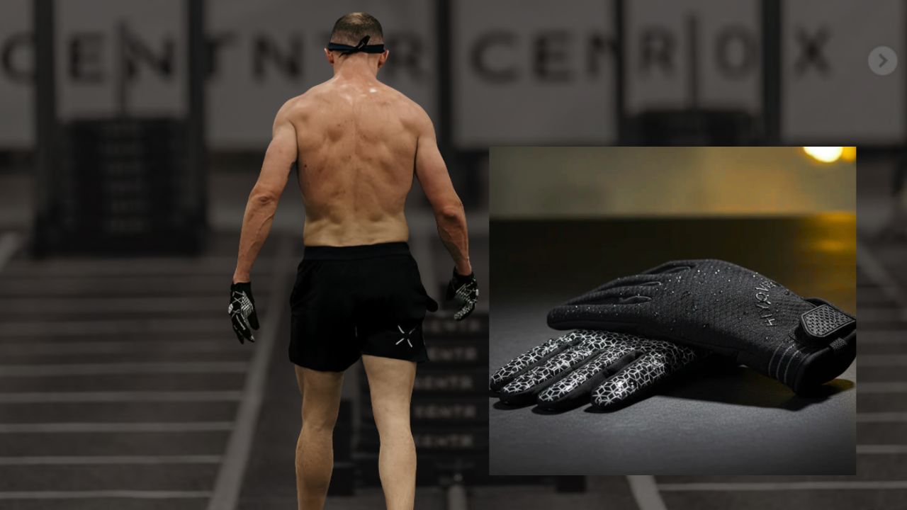 A shirtless male athlete with goggles on his head walks on a track behind a sign. An inset shows a close-up of black athletic gloves with textured palms.