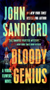Book cover of Bloody Genius. Image shows a city building with red blotches on the cover