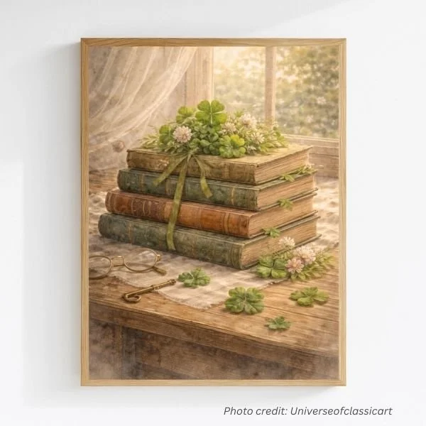 T-shirt showing books and a green hat. Text reads: All booked for St. Patrick's Day